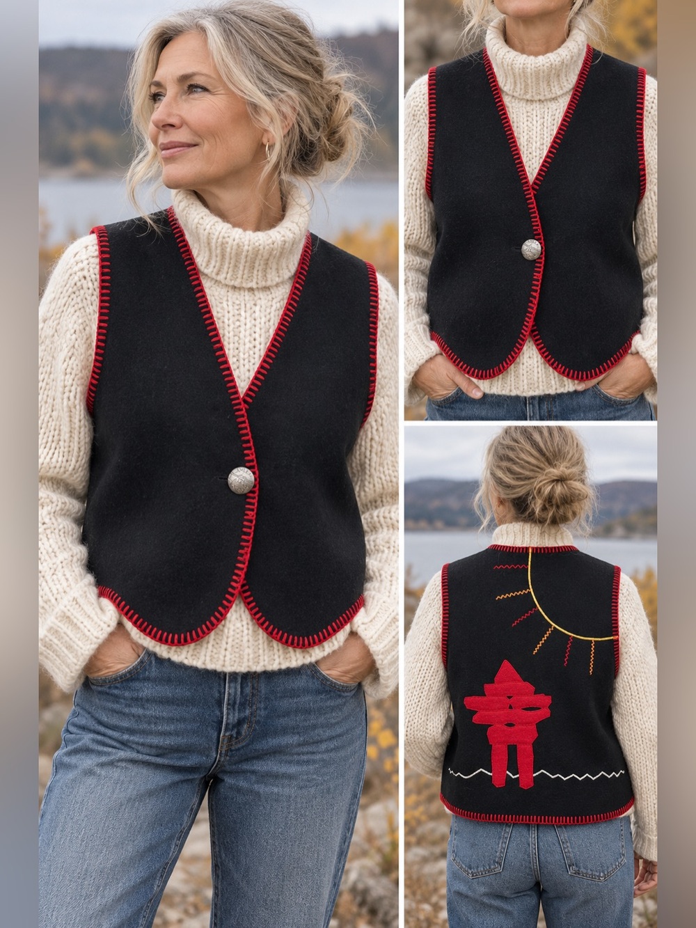 Vintage IVALLU Rankin Inlet Canada Wool Vest Inukshuk Appliqué M